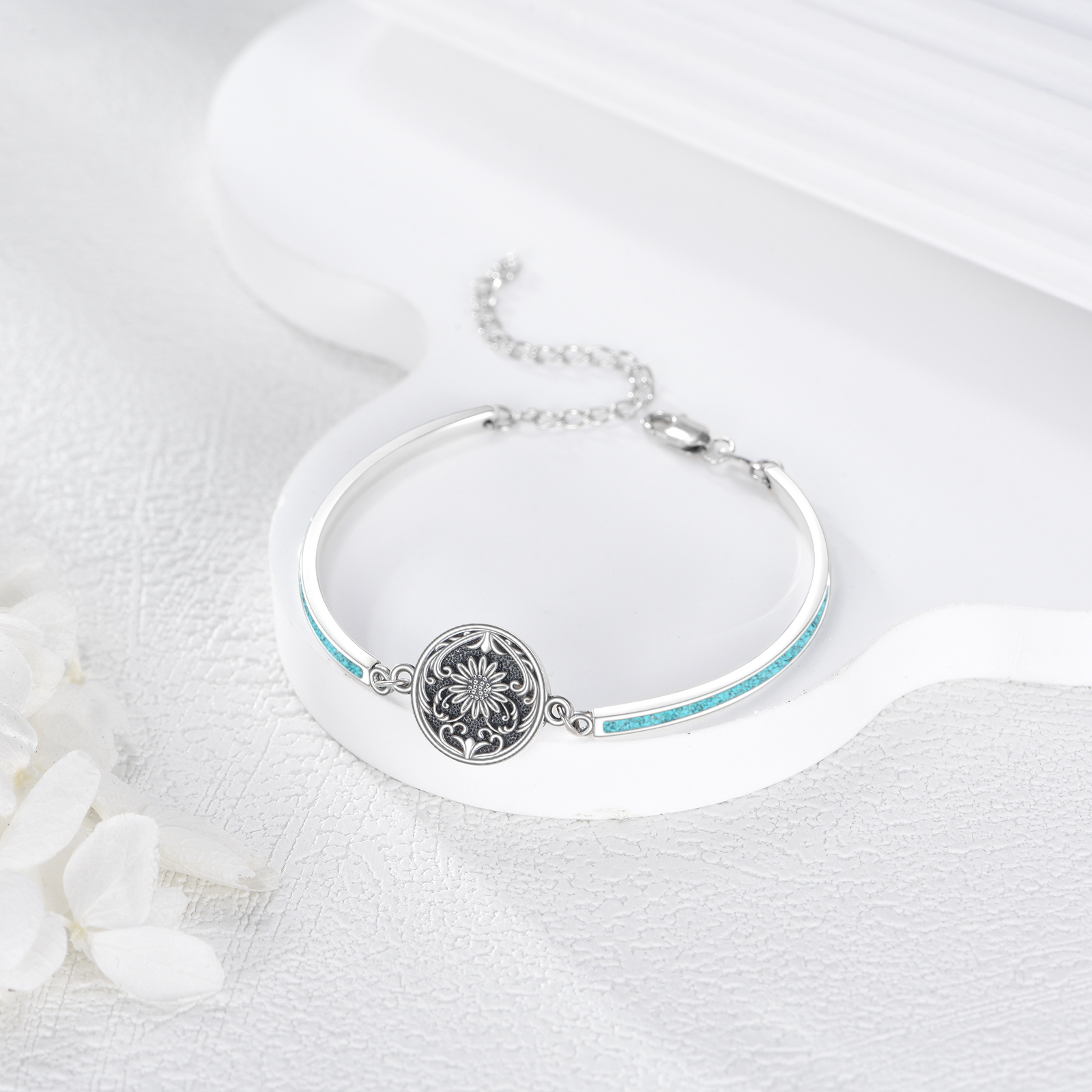 Women's 925 Sterling Silver Sunflower Bangle Bracelet
